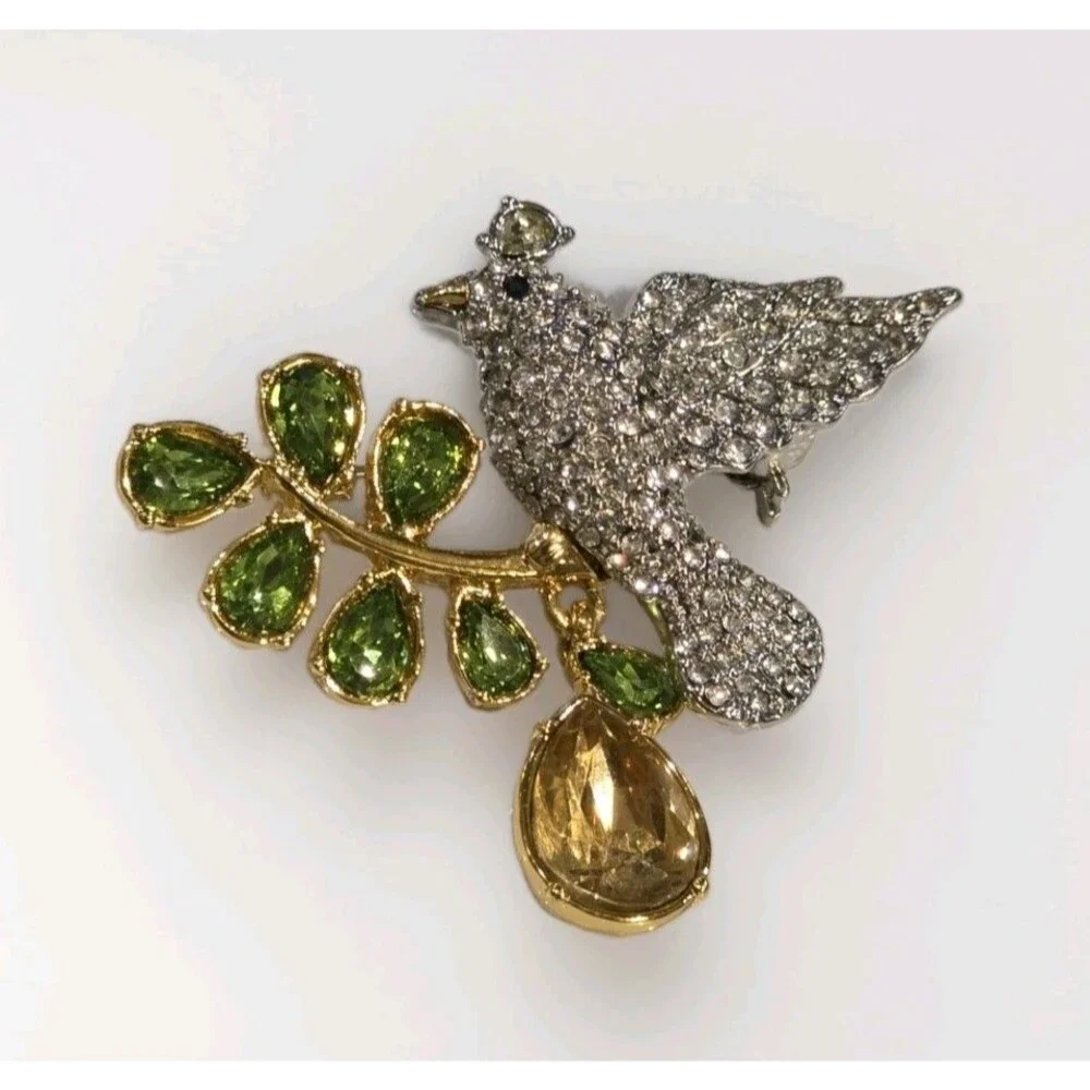 Talbots Jeweled Bird Brooch Rhinestone Green Crystal Branch Pin Figural #1397